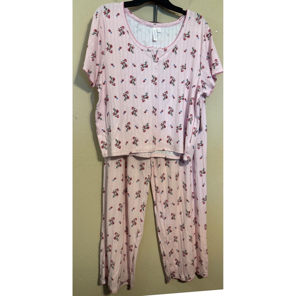 JoySpun Pajama Set Women Pink Floral Ribbed (XL)Short Sleeve Henley (L)Pants NEW